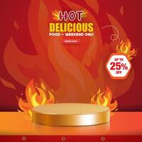hot delicious food menu square banner for social media post with copy space 3d podium for product sale with abstract gradient red background design vector