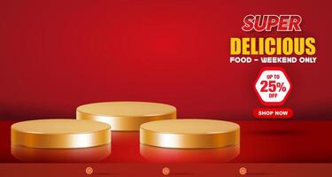 super delicious menu discount with landscape template banner and copy space 3d podium for product sale with abstract gradient red background design vector