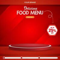 delicious food menu square banner for social media post with copy space 3d podium for food sale with abstract gradient red background design vector