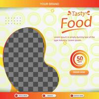 tasty food menu square banner for social media post with copy space frame for food sale with abstract gradient orange and yellow background design vector