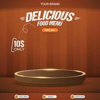 delicious food menu square banner for social media post with copy space 3d podium for food sale with abstract gradient brown background design vector