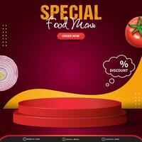 special food menu discount square social media post template banner with copy space 3d podium with abstract gradient red and yellow background design vector