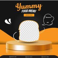 food menu sale discount square social media post template banner with copy space 3d podium with abstract gradient black and orange background design vector