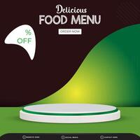 delicious food menu sale discount square social media post template banner with copy space 3d podium with abstract gradient black and green background design vector