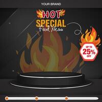 hot special food menu square banner for social media post with copy space 3d podium for food sale with abstract gradient black and orange background design vector