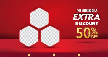 weekend extra discount landscape template banner and copy space frame for product sale with abstract gradient red background design vector