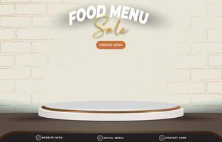 food menu sale discount with landscape social media post tempate banner with copy space 3d podium for food sale with abstract gradient brown and white background design vector