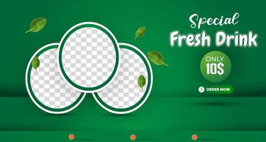 special fresh drink with landscape template banner and copy space frame for drink sale with abstract gradient green background design vector