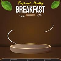 fresh food discount square social media post template banner with copy space 3d podium with abstract gradient brown background design vector
