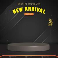 special discount new arrival discount square social media post template banner with copy space 3d podium with abstract gradient black background design vector