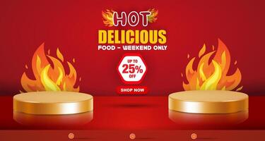 hot delicious menu discount with landscape template banner and copy space 3d podium for product sale with abstract gradient red background design vector