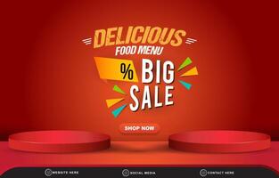 delicious food menu big sale with landscape social media post tempate banner with copy space 3d podium for food sale with abstract gradient red background design vector
