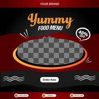 yummy food menu square banner for social media post with copy space frame for food sale with abstract gradient black and red background design vector