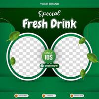 special fresh drink square banner for social media post with copy space frame for drink sale with abstract gradient green background design vector