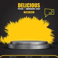 delicious food menu sale discount square social media post template banner with copy space 3d podium with abstract gradient black and yellow background design vector