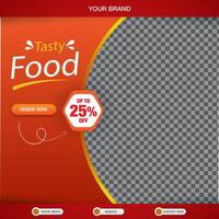 tasty food menu square banner for social media post with copy space frame for food sale with abstract gradient orange background design vector