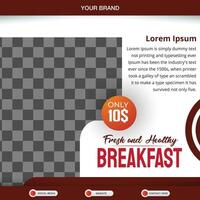fresh and healthy breakfast square banner for social media post with copy space frame for food sale with abstract gradient white and red background design vector