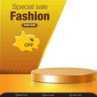 special sale fashion discount square social media post template banner with copy space 3d podium with abstract gradient yellow background design vector