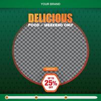 delicious food menu square banner for social media post with copy space frame for food sale with abstract gradient green background design vector