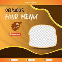 delicious food menu square banner for social media post with copy space frame for food sale with abstract gradient brown and orange background design vector
