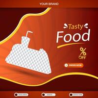 tasty food menu square banner for social media post with copy space frame for food sale with abstract gradient red and orange background design vector