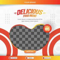 delicious food menu square banner for social media post with copy space frame for food sale with abstract gradient orange and yellow background design vector