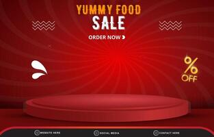 food menu sale landscape social media post tempate banner with copy space 3d podium for food sale with abstract gradient red background design vector