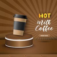 hot milk coffee square banner for social media post with copy space 3d podium for product sale with abstract gradient brown background design vector