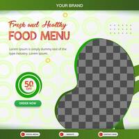 fresh and healthy food menu square banner for social media post with copy space frame for food sale with abstract gradient green and white background design vector