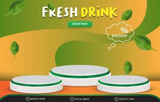 fresh drink sale discount with landscape social media post tempate banner with copy space 3d podium with abstract gradient green and orange background design vector