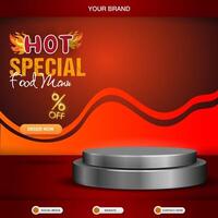 hot special food menu square banner for social media post with copy space 3d podium for food sale with abstract gradient red background design vector