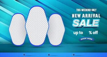 new arrival sale discount with landscape template banner and copy space frame for product sale with abstract gradient blue background design vector