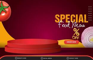 special food menu sale discount with landscape social media post tempate banner with copy space 3d podium with abstract gradient red and yellow background design vector
