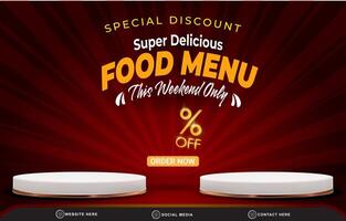 special discount super food menu sale social media post tempate banner with copy space 3d podium with abstract gradient dark red background design vector