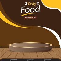 tasty food sale discount square social media post template banner with copy space 3d podium with abstract gradient brown background design vector
