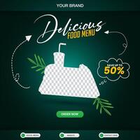 delicious food menu square banner for social media post with copy space frame for food sale with abstract gradient black and green background design vector