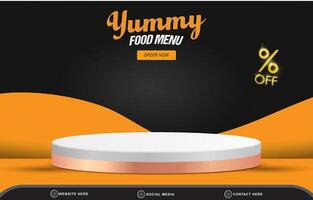 food menu sale social media landscape post tempate banner with copy space 3d podium with abstract gradient black and orange background design vector