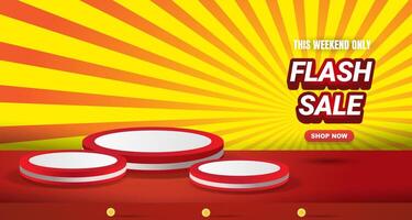 flash sale with landscape template banner and copy space 3d podium for product sale with abstract gradient red and orange background design vector
