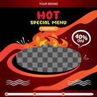 hot special menu square banner for social media post with copy space frame for food sale with abstract gradient black and red background design vector