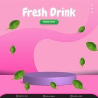 fresh drink discount square social media post template banner with copy space 3d podium with abstract gradient pink background design vector