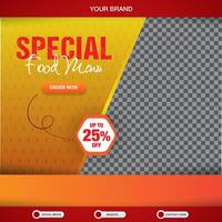 special food menu square banner for social media post with copy space frame for food sale with abstract gradient orange background design vector