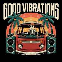 Retro Skeleton DJ with Palm Trees and Van Illustration vector