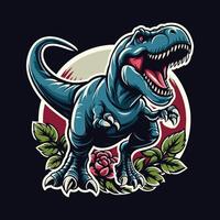 Colorful dinosaur graphic showcasing a roaring Tyrannosaurus rex surrounded by lush foliage and a rose on a dark background vector