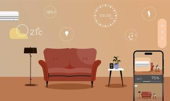 A living room with a couch, a phone and a thermostat vector