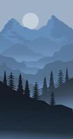 A silhouette of a mountain range with trees and a moon vector