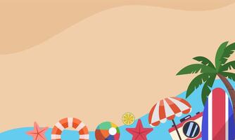 Summer beach background with palm tree, surfboard, umbrella, beach ball and other items vector