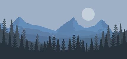 A mountain range with trees and a full moon vector