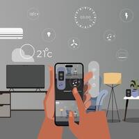 A person is holding a smart phone with a smart home device vector