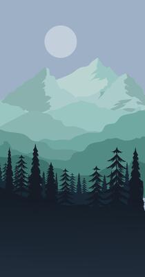 A mountain landscape with trees and a moon