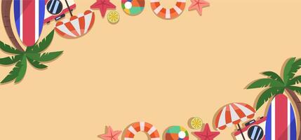 Summer beach background with palm trees, surfboards and other items vector
